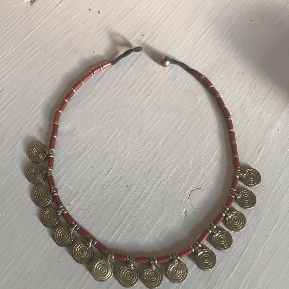 Boho Spiral Charm Beaded Necklace - Dark Red and Bronze